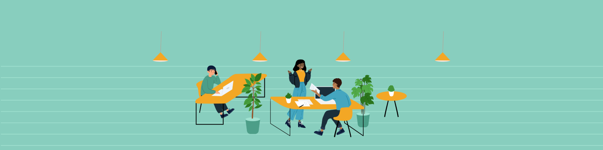 illustration of people working and collaborating happily in an office space